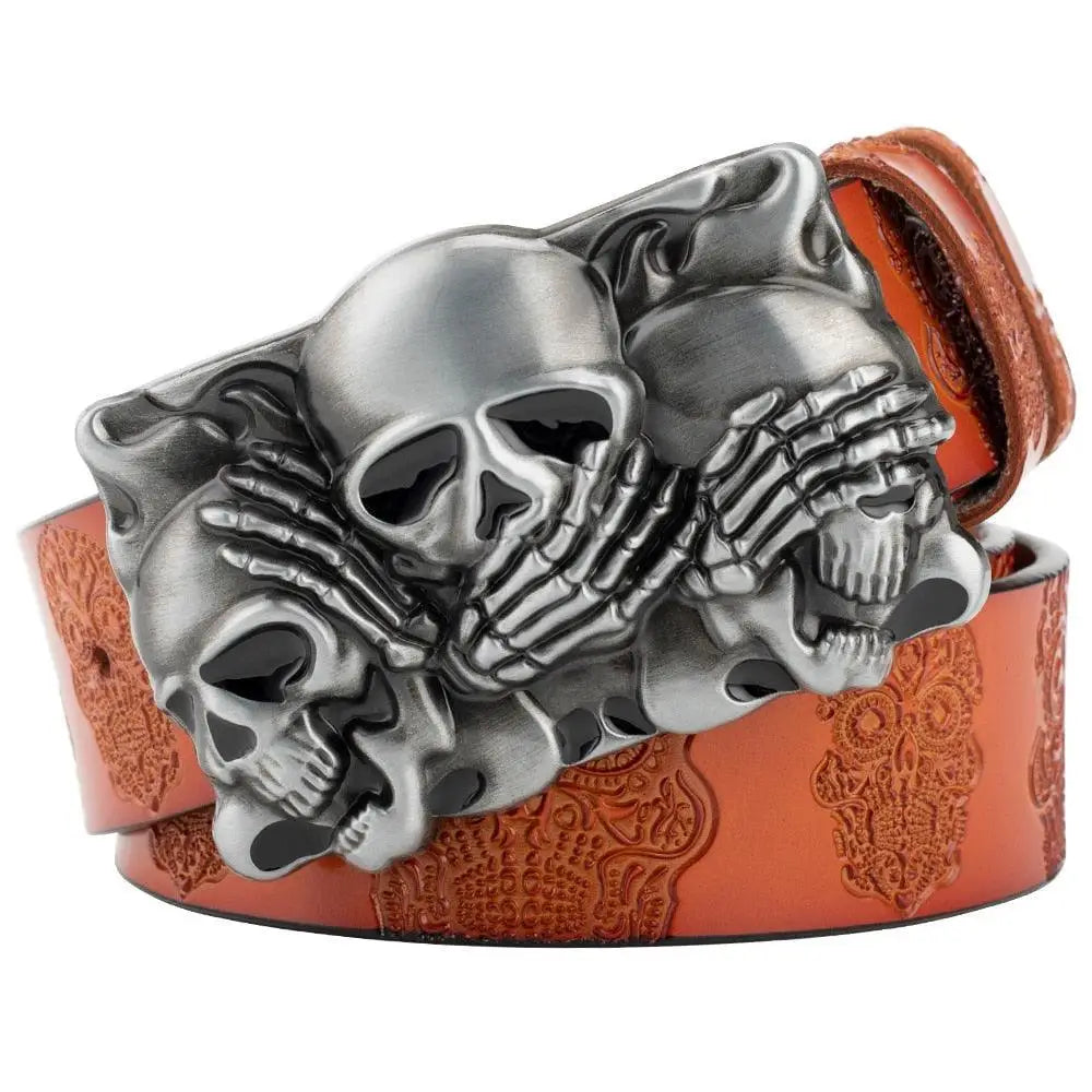 Skull-buckled brown leather belt with embossed skull pattern in a product photo