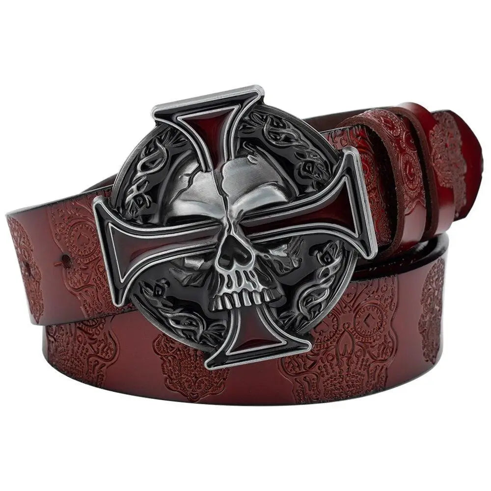 Maroon leather belt with skull and cross buckle available in black or brown for a stylish look