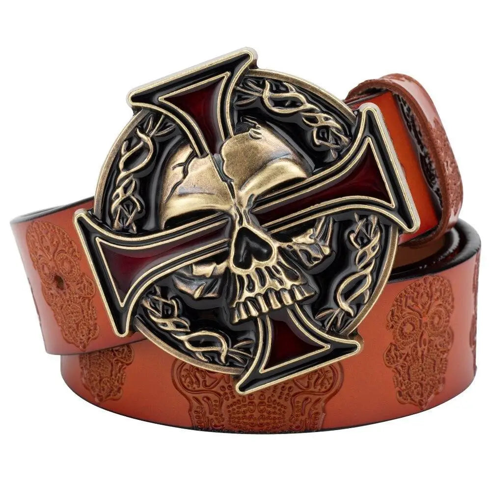 Brown leather belt with skull and cross buckle, available in black or brown colors