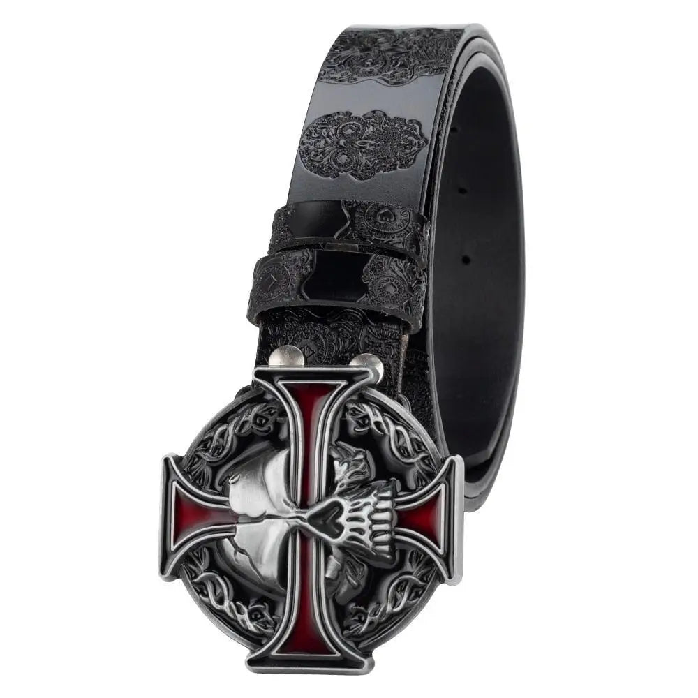 Black leather belt with skull and cross buckle for a bold fashion statement