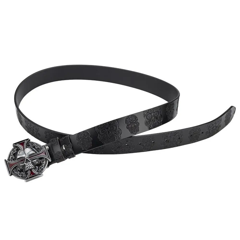 Black leather belt with skull pattern and cross buckle for stylish accessories