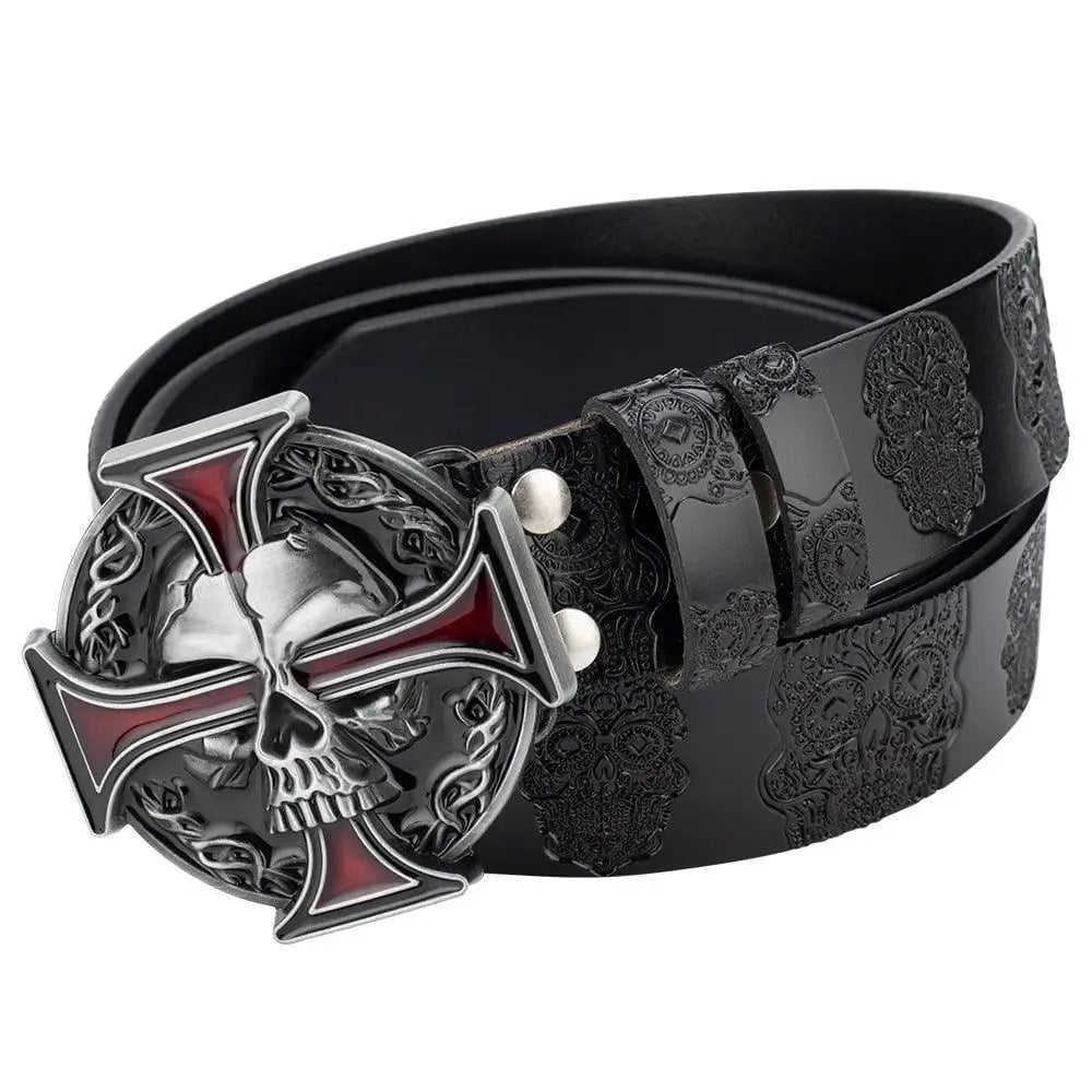 Black leather belt with skull and cross buckle, available in Black or Brown