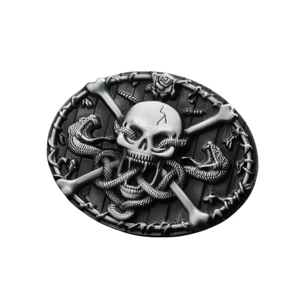 Zegrath belt featuring an oval skull buckle with bones and snakes on black leather
