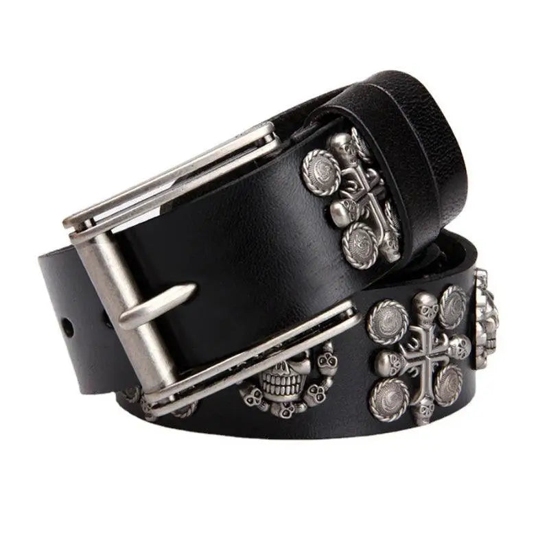 Kimo Belt with black leather and silver skull embellishments for a bold fashion statement