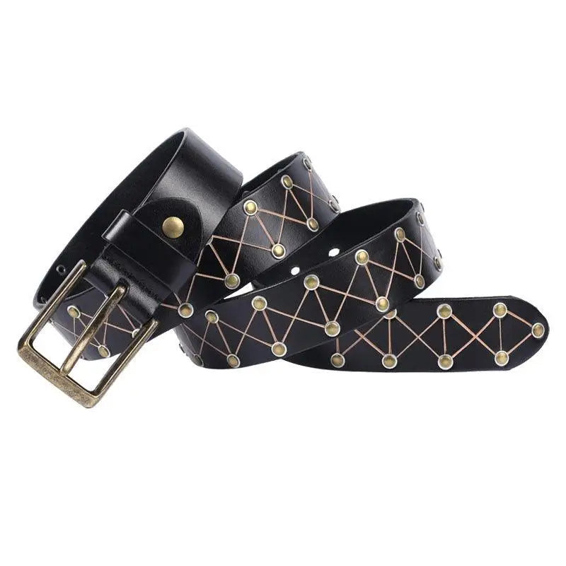 Black leather jora belt with geometric stud design from Jora Belt Collection