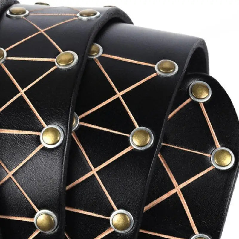 Jora Belt with black leather, geometric pattern, and metal studs from Jora Belt Collection