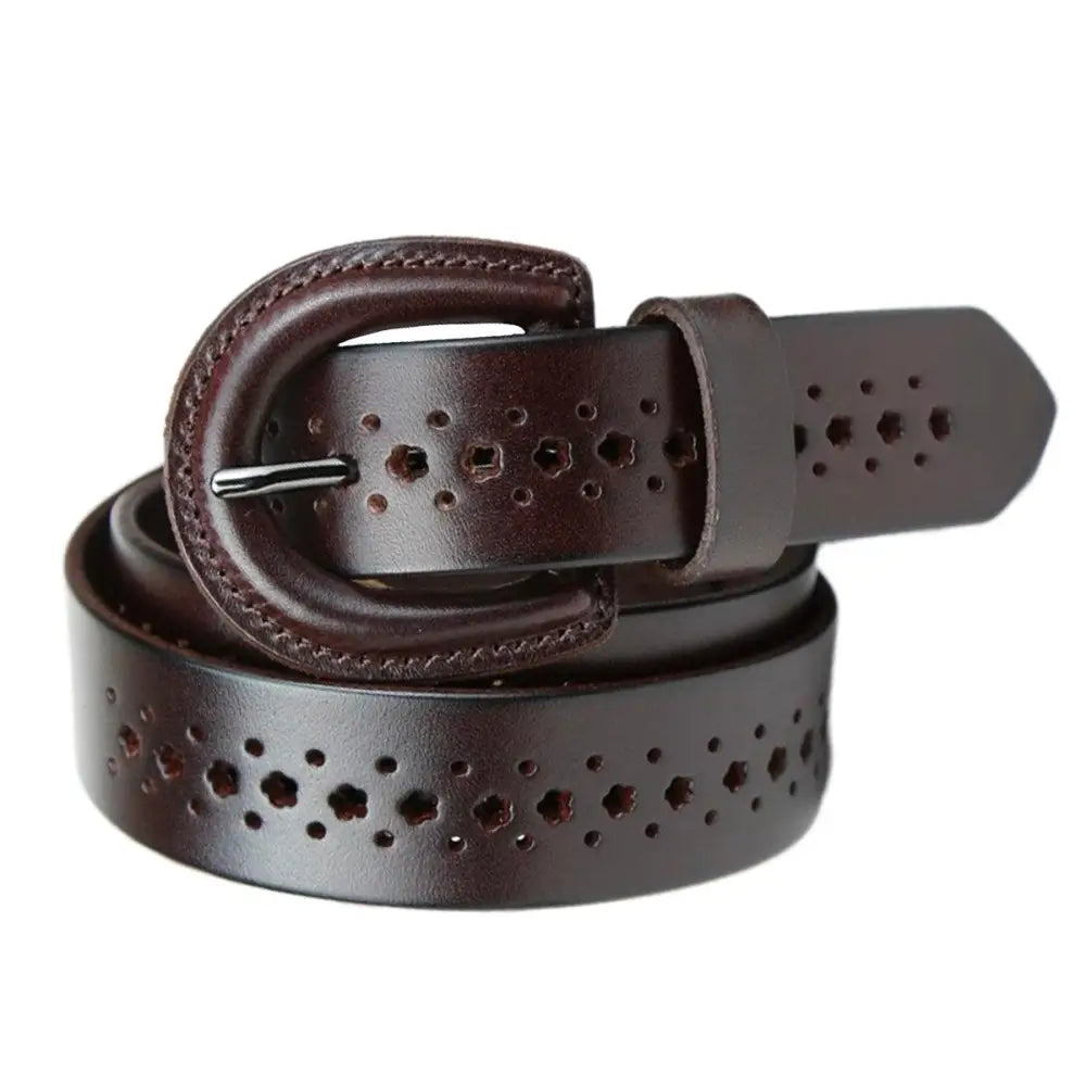 Brown leather Mia Belt with circular cutouts and decorative perforations for stylish wear