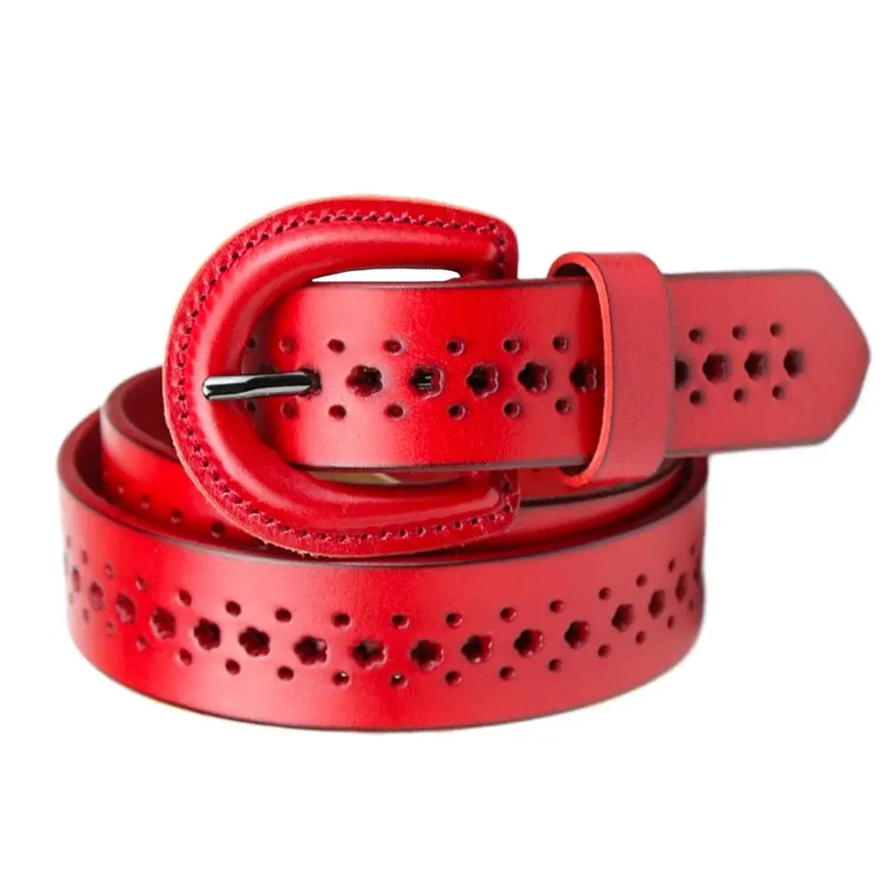 Red leather Mia Belt with Circular Cutouts and Decorative Perforations showcasing stylish accents