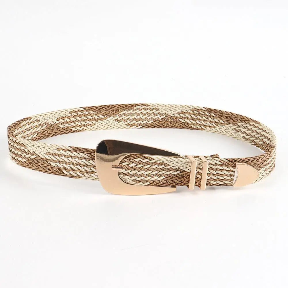 Hezo Belt collection featuring a braided beige and brown belt with gold buckle