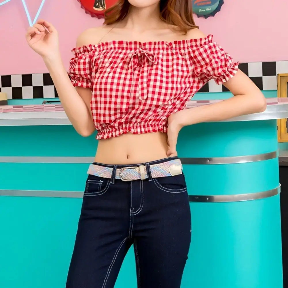 Adelina Belt with Pink Leather Accents paired with red and white checkered off-the-shoulder crop top
