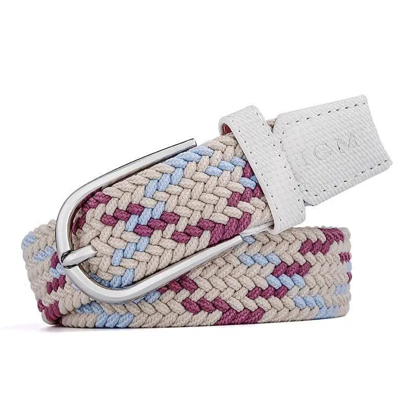 Adelina Belt with Pink Leather Accents featuring braided elastic and silver buckle