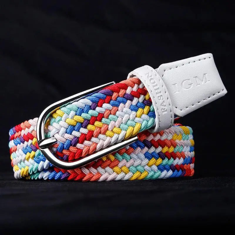 Colorful braided belt with white leather accents for stylish fashion accessory display