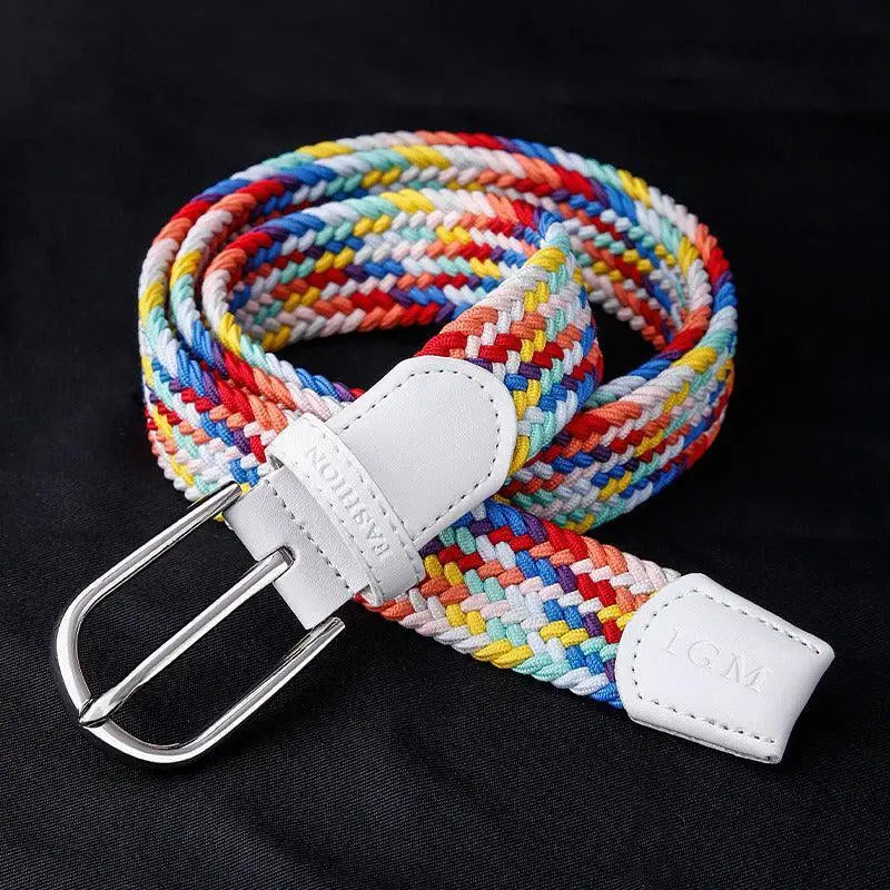Colorful braided belt with white leather accents for stylish fashion accessory display