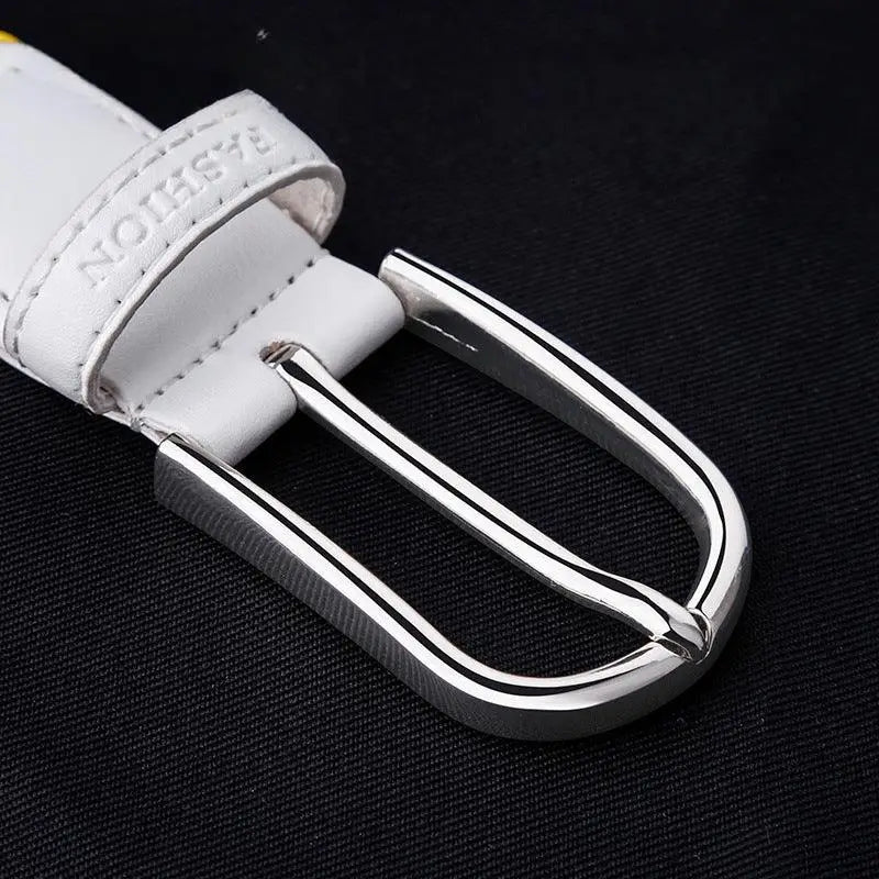 White belt with silver buckle from the Colorful Braided Belt with White Leather Accents collection