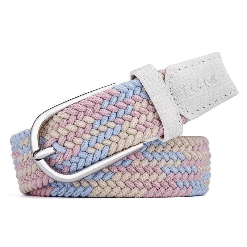 Braided pastel belt with silver buckle displayed on denim shorts product image