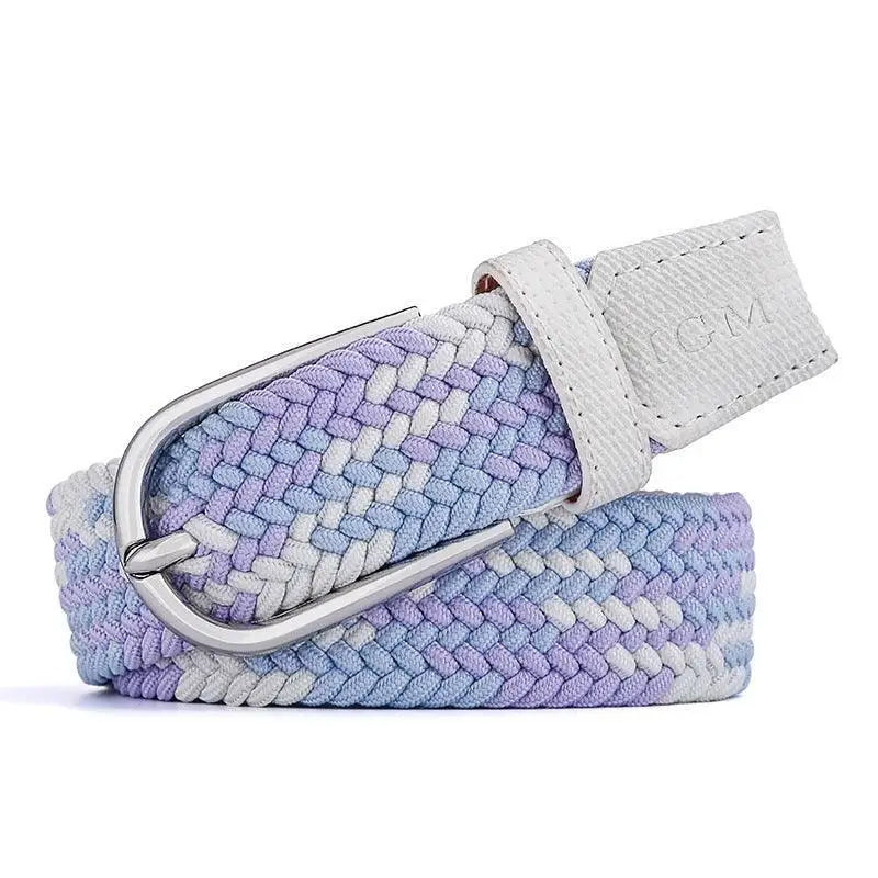 Braided pastel belt with silver buckle displayed with Denim Shorts and woven pastel belt