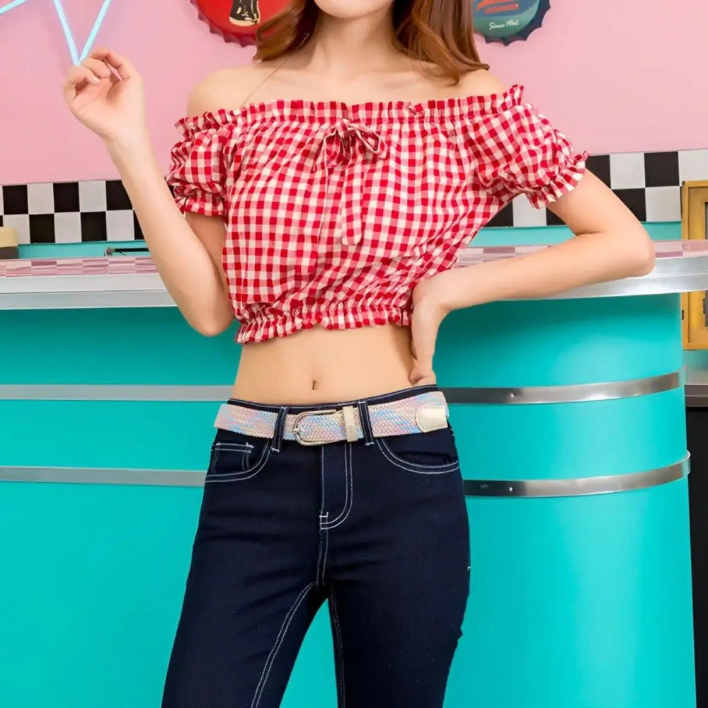 Red and white checkered off-the-shoulder crop top featured with Denim Shorts and pastel belt