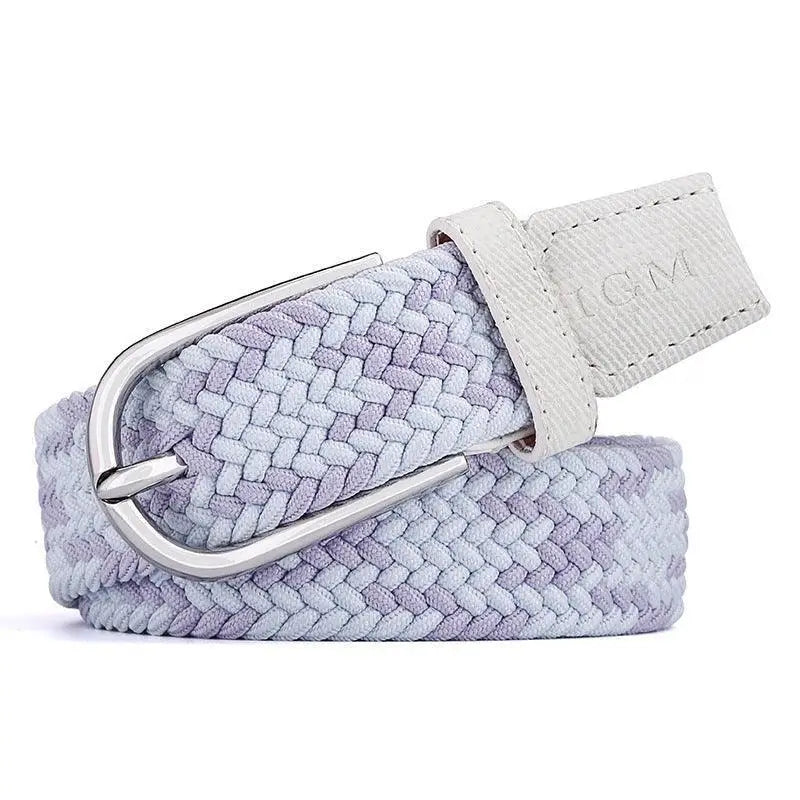 Braided elastic belt with silver buckle shown with Denim Shorts with Woven Pastel Belt and Silver Buckle