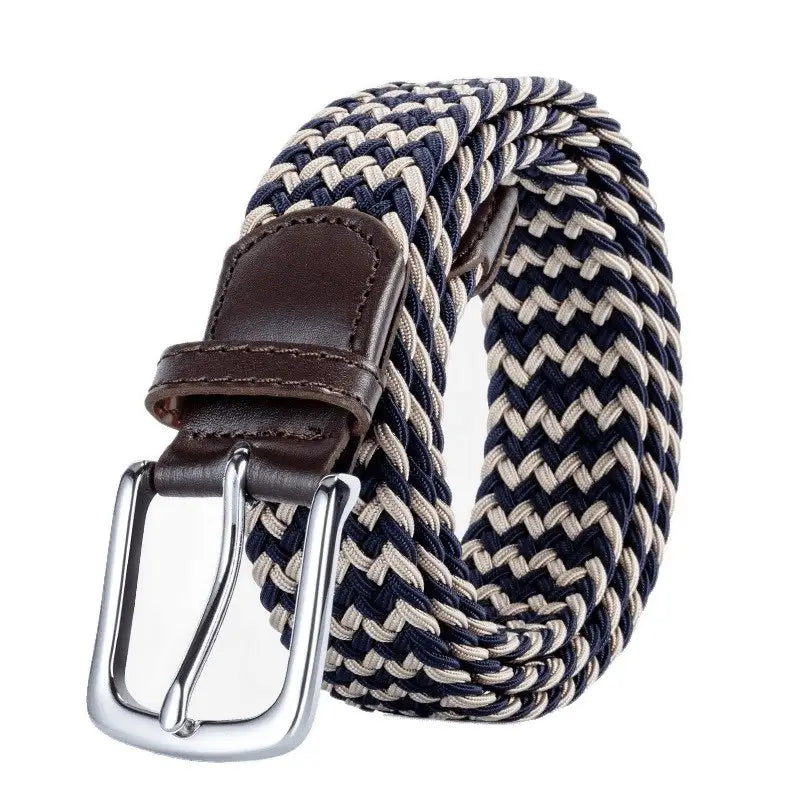 Braided navy and white elastic belt with brown leather and silver buckle detail