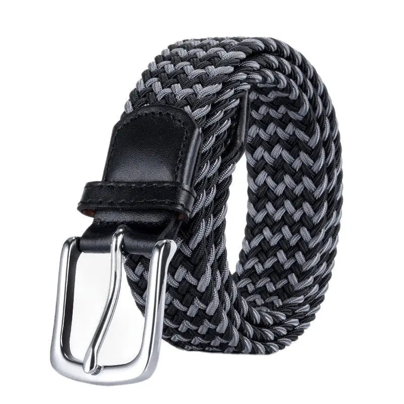 Braided gray and black elastic belt with leather accents and silver metal buckle