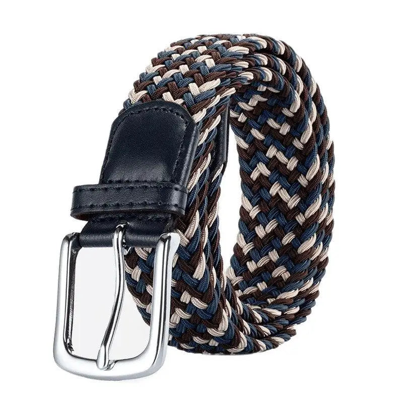 Braided elastic belt with leather and metal details and silver buckle for men’s fashion