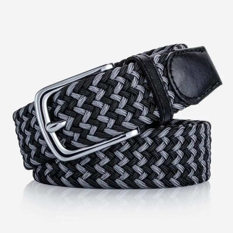 Braided black and gray elastic belt with silver buckle and leather details for men