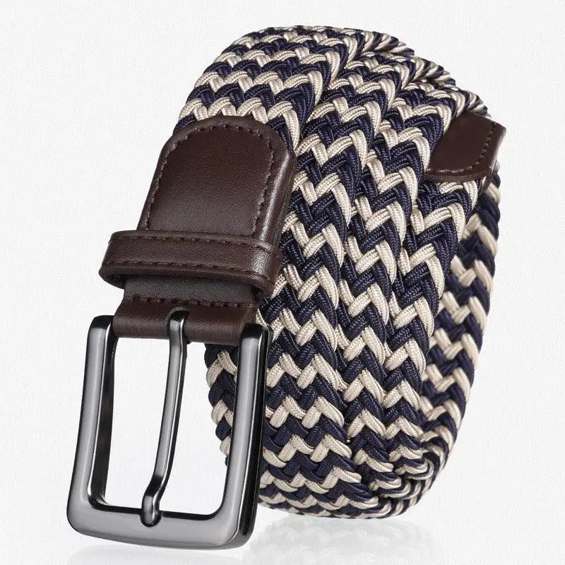 Darius Men’s Elastic Braided Belt in Navy and White with Leather Accents and Silver Buckle