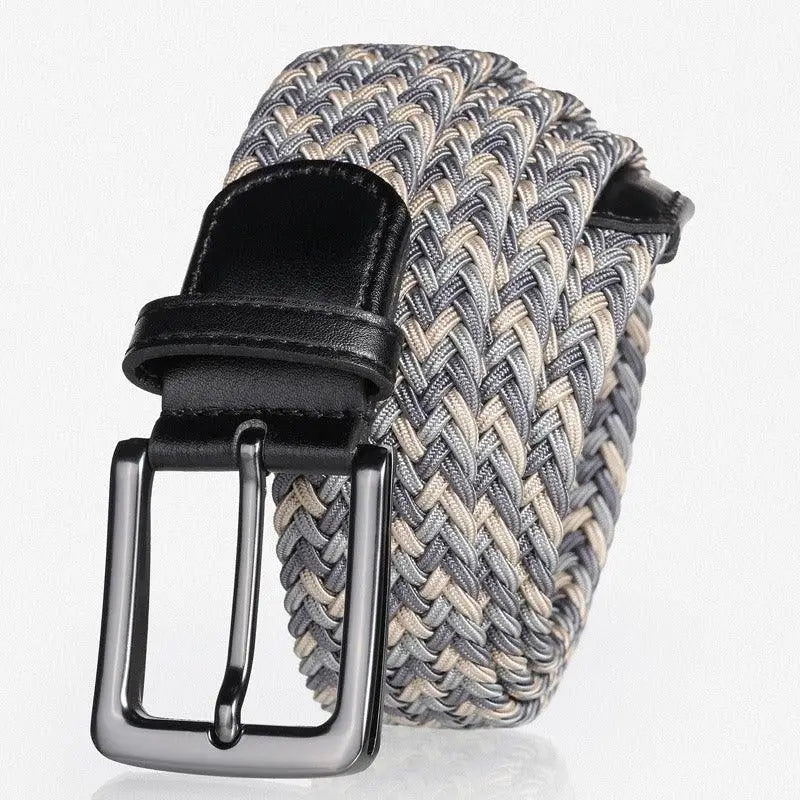 Darius men’s elastic braided belt with gray, beige fabric and black leather buckle