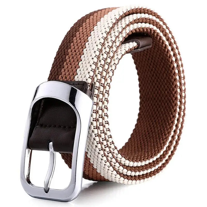 Elastic braided belt with striped brown and white pattern and silver buckle for men