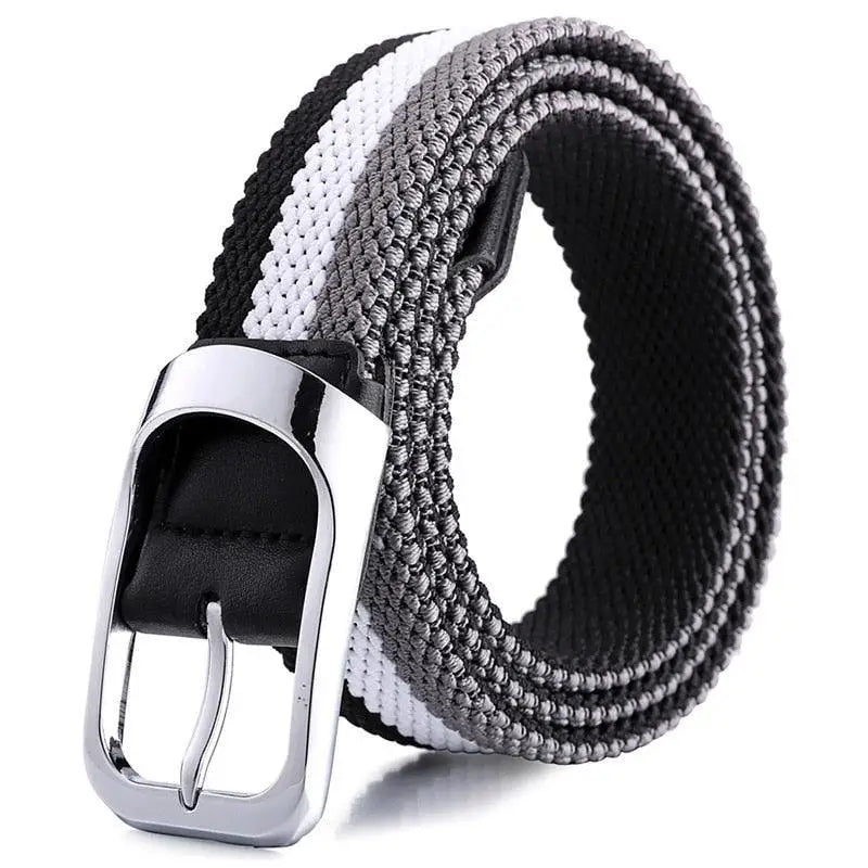 Elastic braided belt with striped design and silver buckle for stylishwear