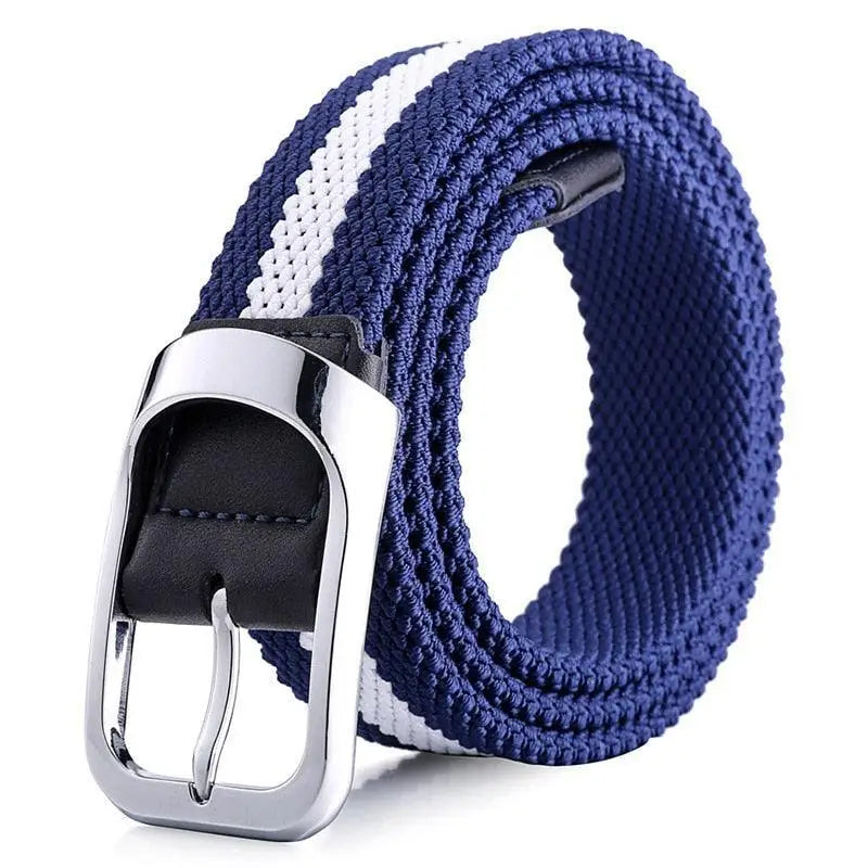 Blue and white striped elastic braided belt with silver buckle for casual wear