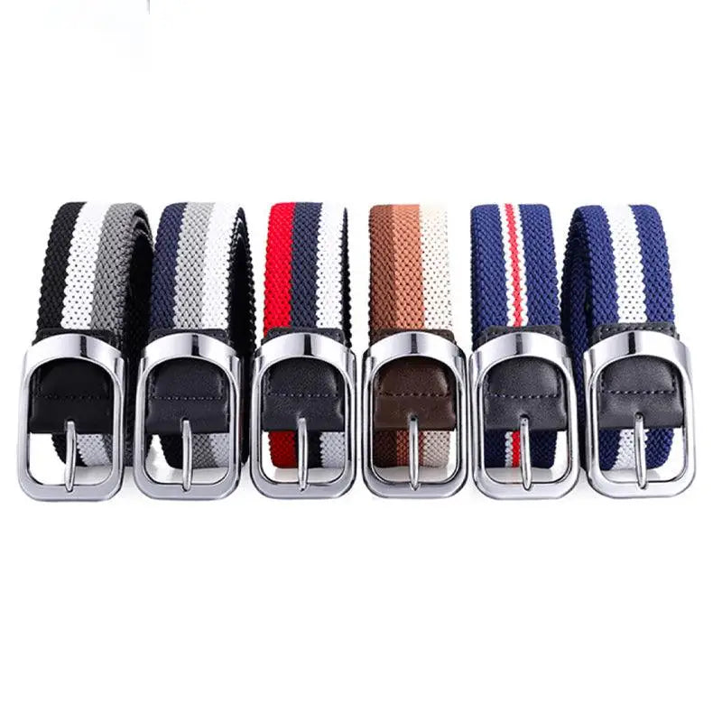Assorted elastic braided belts with striped design and silver buckles