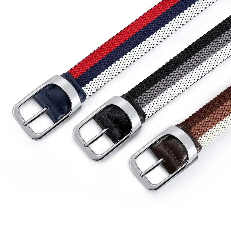 Three striped elastic braided belts with silver buckles for stylish wear
