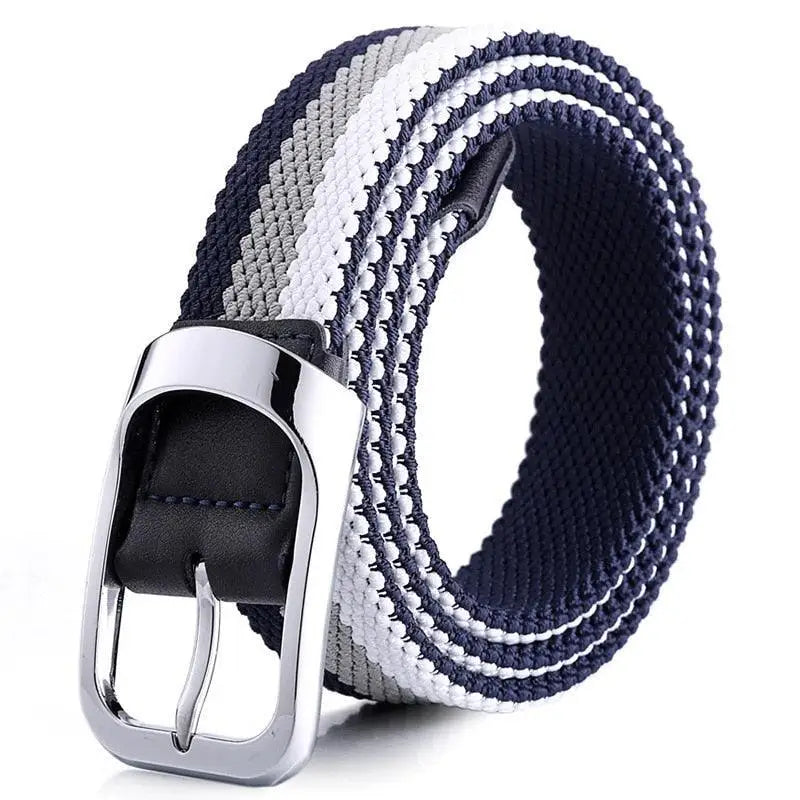 Elastic braided belt with striped design and silver buckle for versatile style