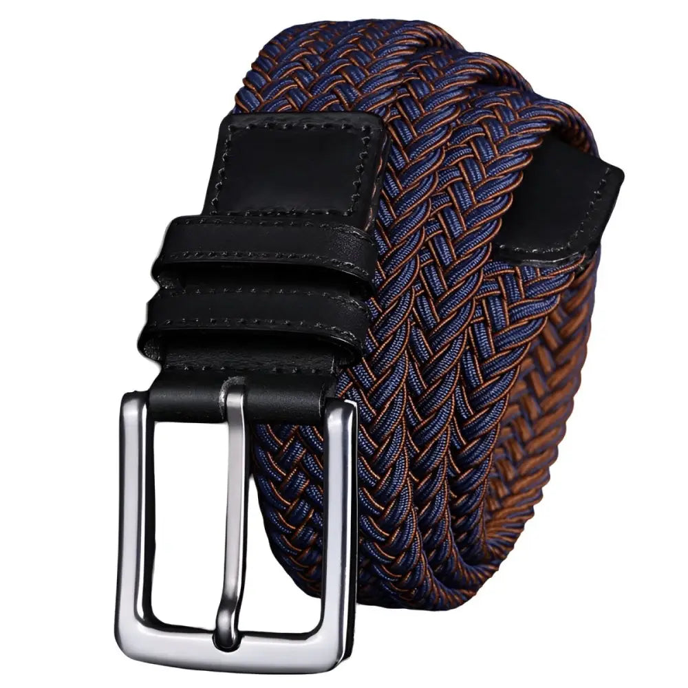 Green braided elastic belt with leather accents and silver buckle for men and women