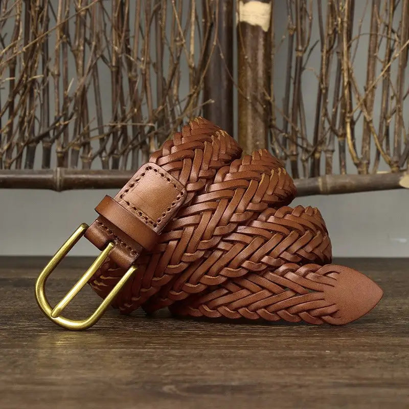 Braided brown leather belt with a gold buckle from Assorted Braided Leather Belts collection
