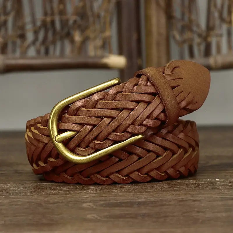 Braided brown leather belt with gold buckle from Assorted Braided Leather Belts collection