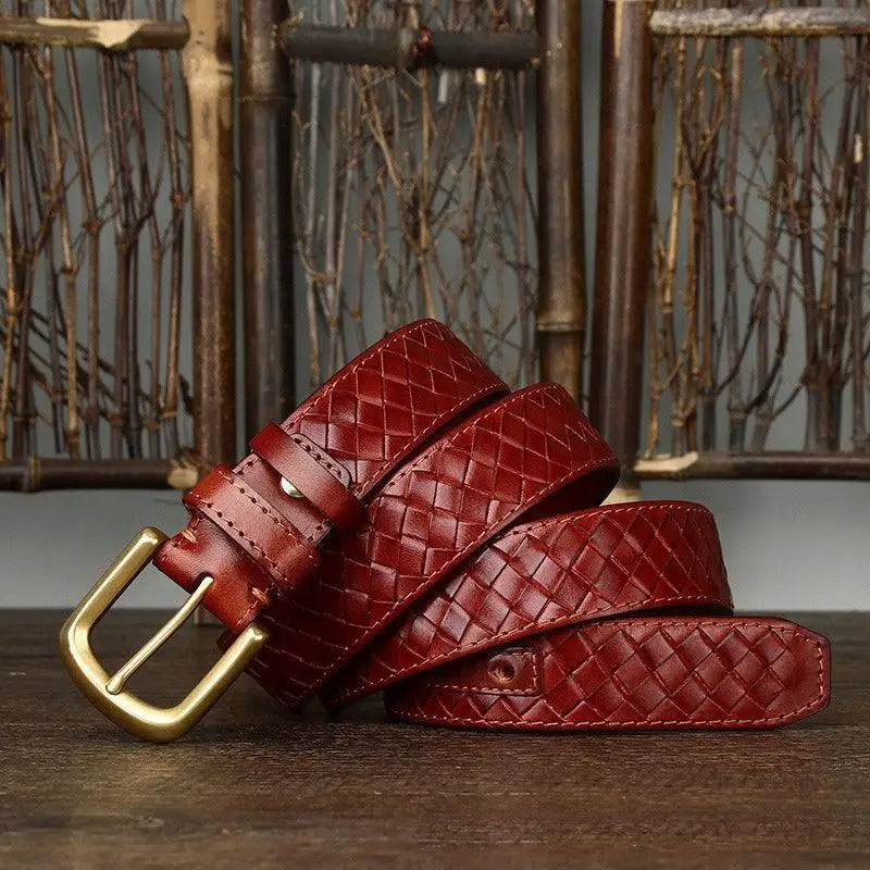 Romuald braided leather belt with gold buckle showcasing quality craftsmanship