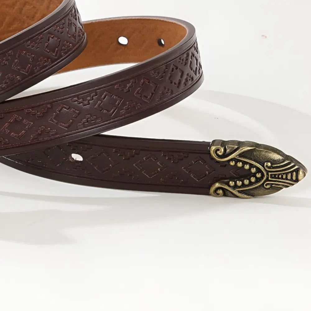 Brown leather Imada Western Belt with decorative ornate metal buckle and tip