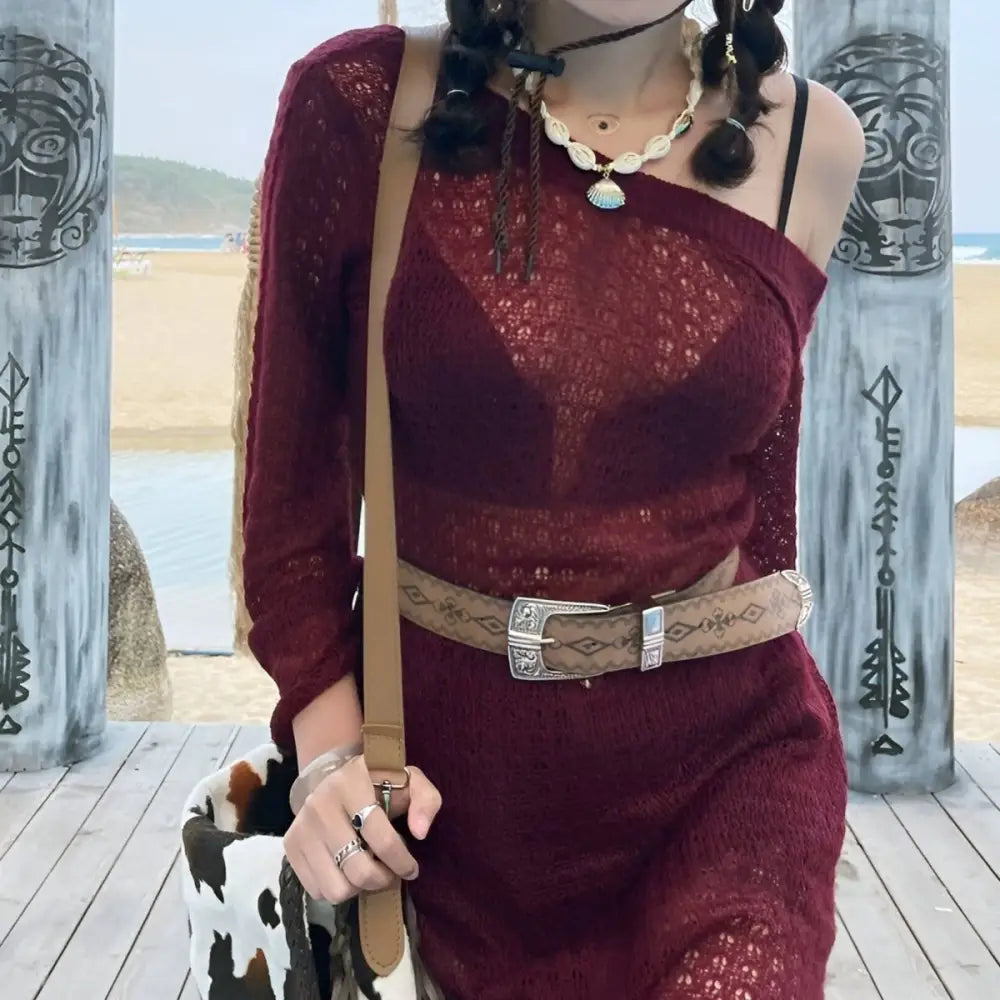 Burgundy knit dress featuring Maeda Western Leather Belt with gold buckle for elegant style