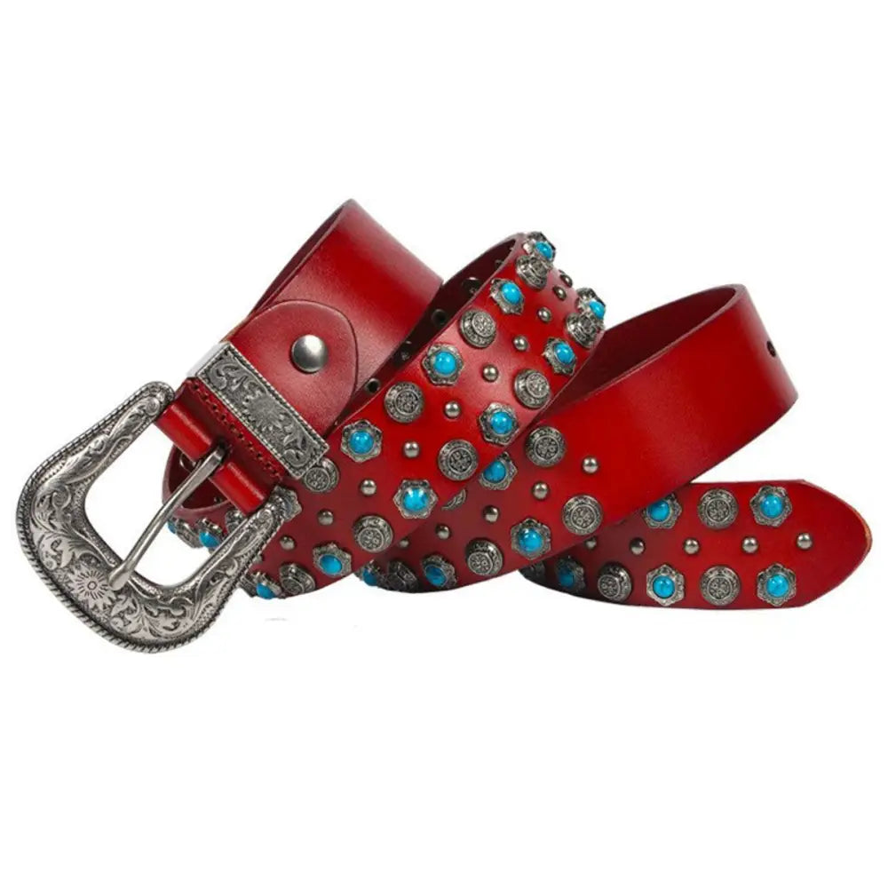 Red leather Freda Western Belt with turquoise and silver embellishments for a stylish western look