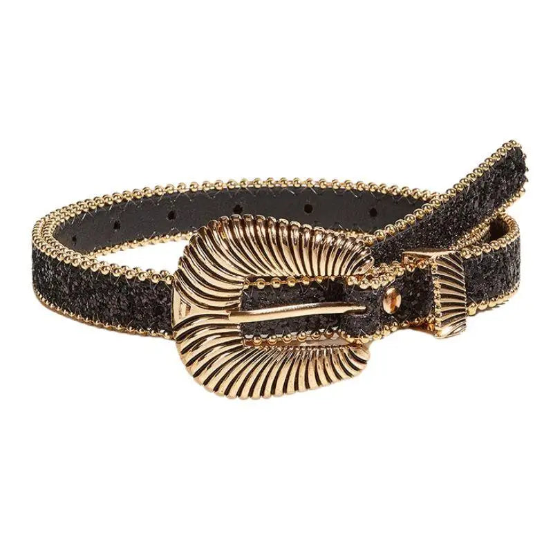 Black glitter belt with gold buckle from Yerema Western Rhinestone collection