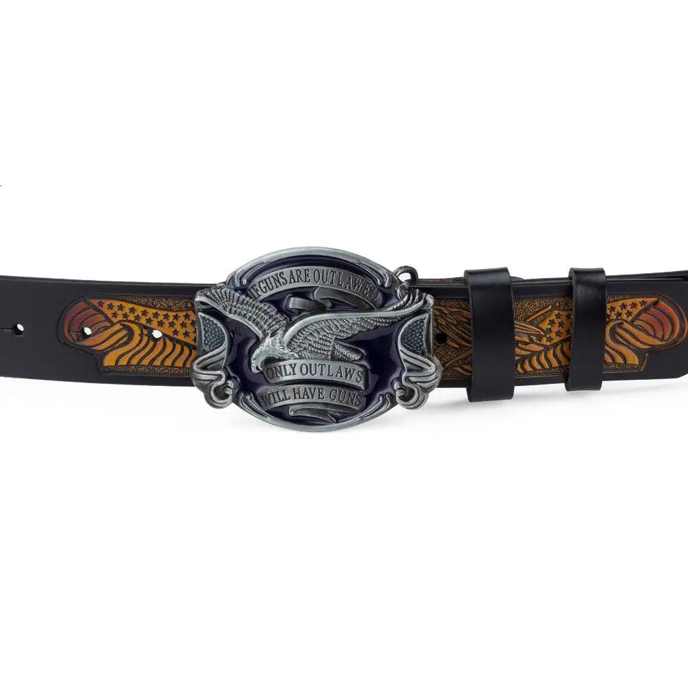 Leather belt with eagle buckle featuring embossed Western belt design