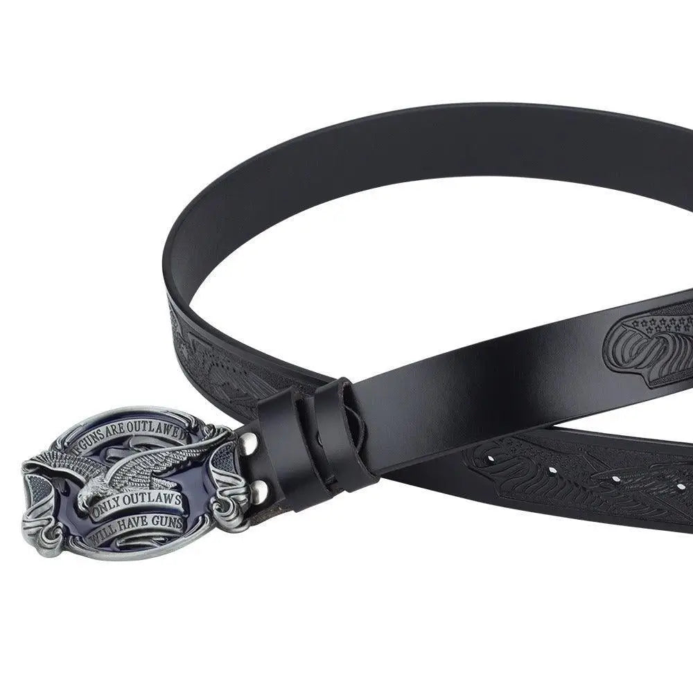 Black leather western belt featuring an embossed eagle buckle for a rugged style