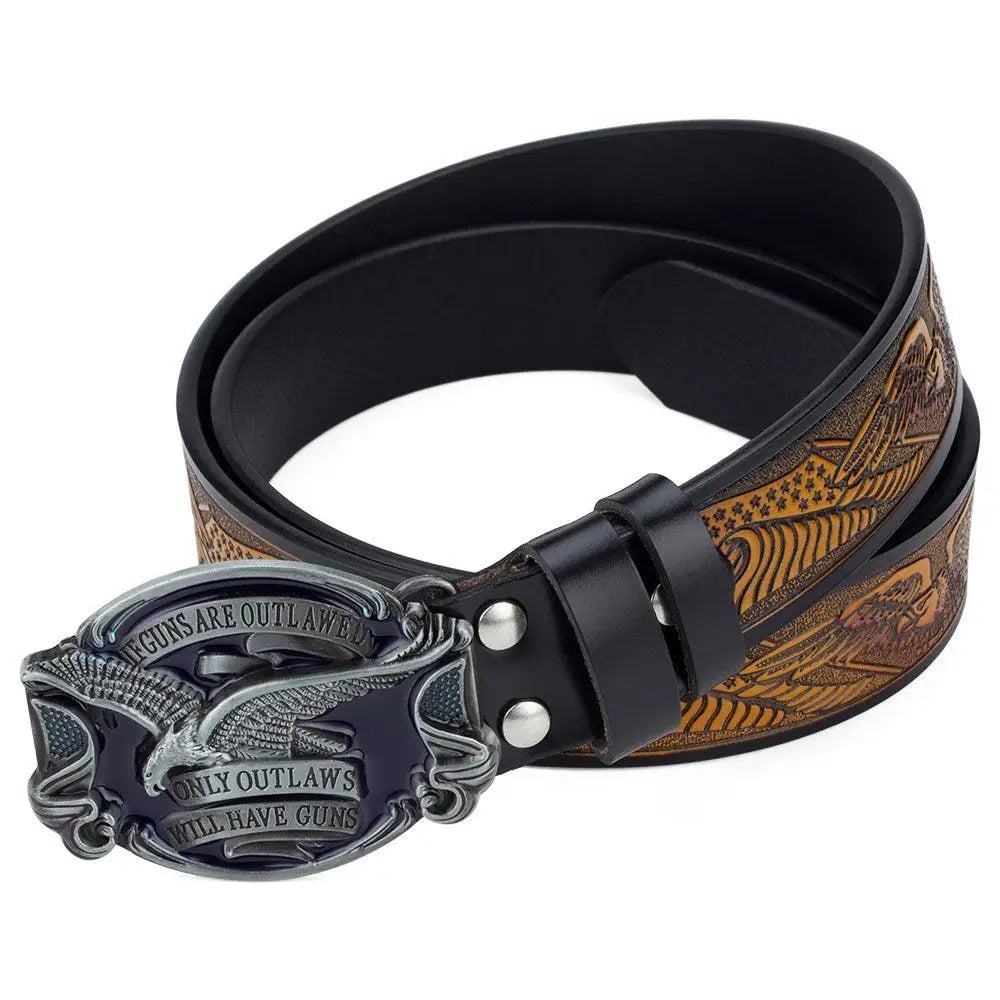 Leather belt with eagle buckle, featured in the Embossed Leather Western Belt collection