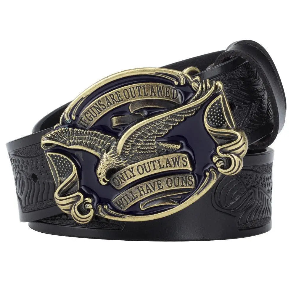 Black leather western belt with embossed eagle buckle for stylish Western attire