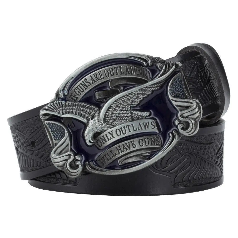 Black leather western belt with embossed eagle buckle for stylish Western attire