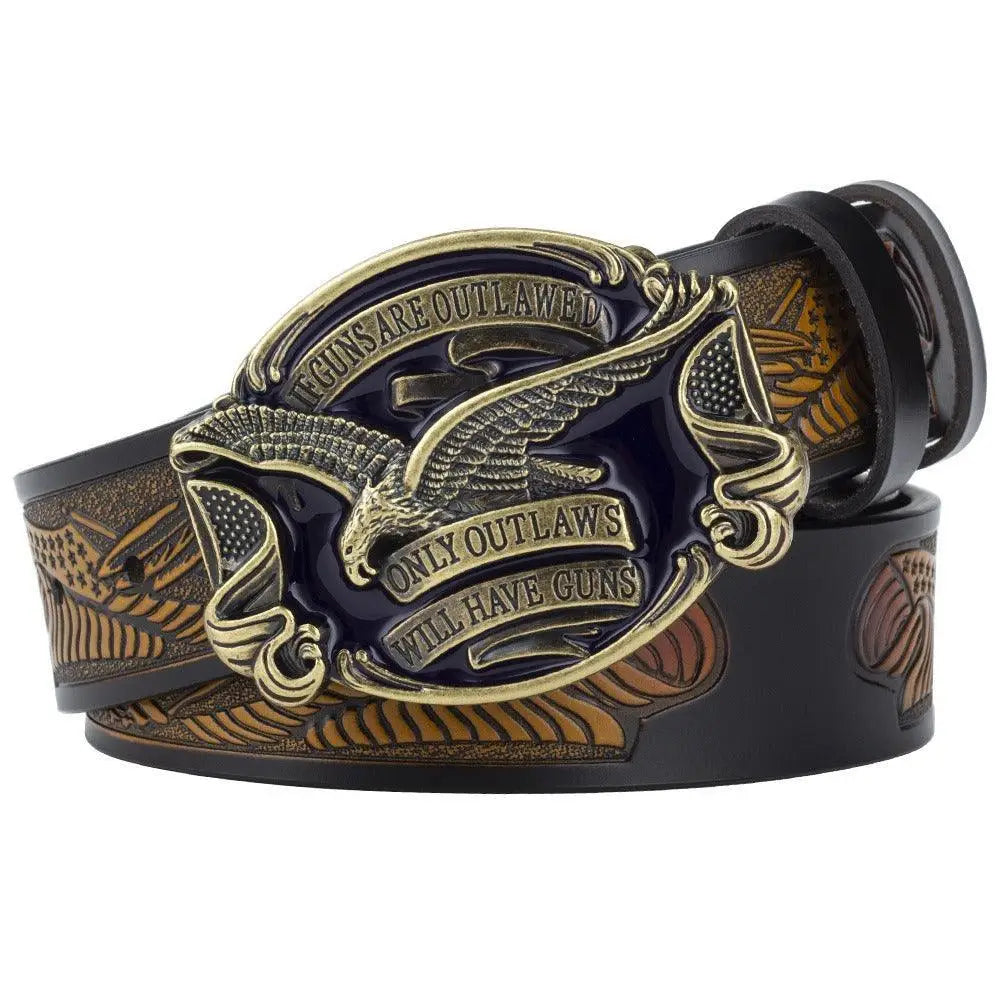 Leather western belt with embossed design and eagle buckle for stylish Western wear