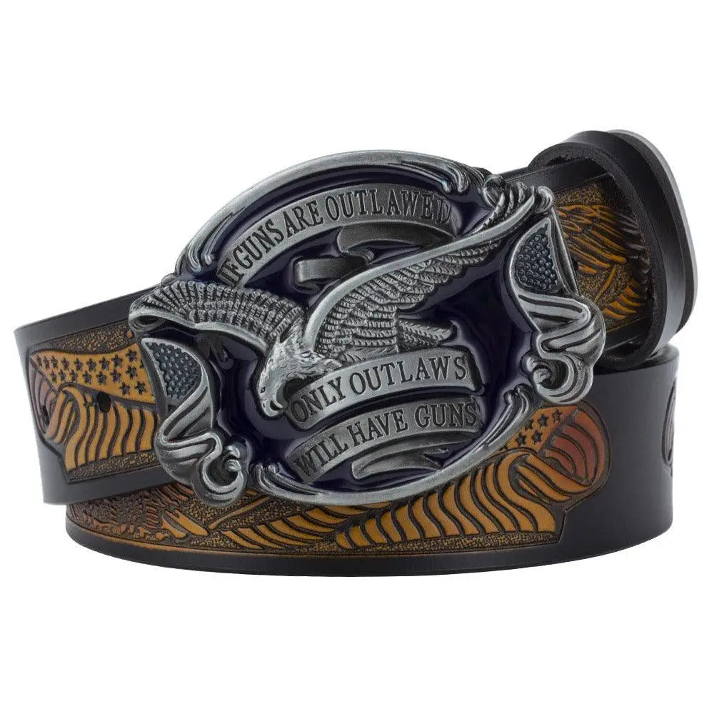 Outlaw-themed embossed leather western belt with eagle buckle for western apparel style
