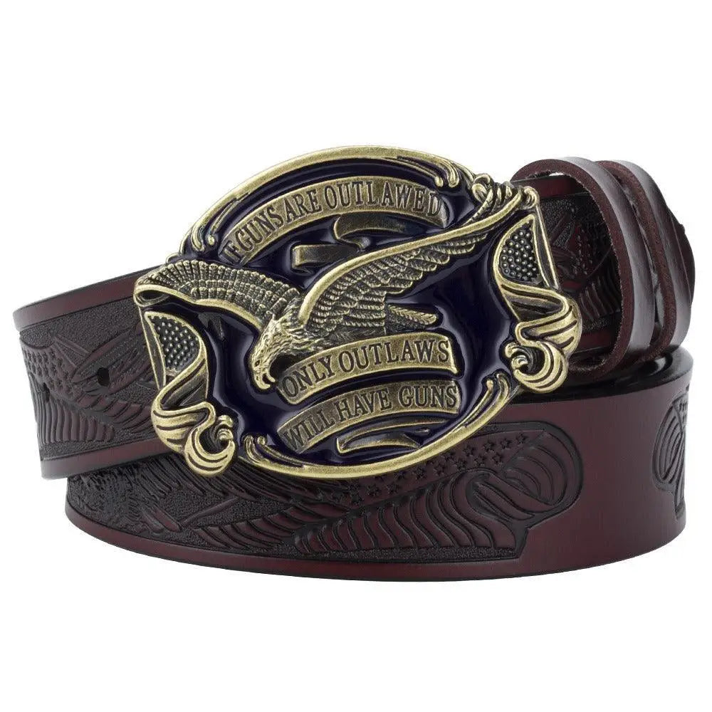 Leather western belt with embossed design and eagle buckle for stylish Western wear